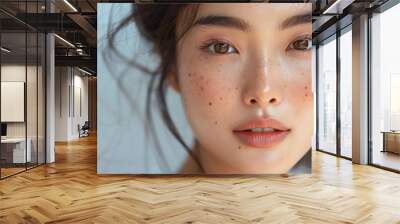 Create a close-up of a beautiful Asian model with clear, clean skin, looking directly at the camera with a soft smile. Wall mural