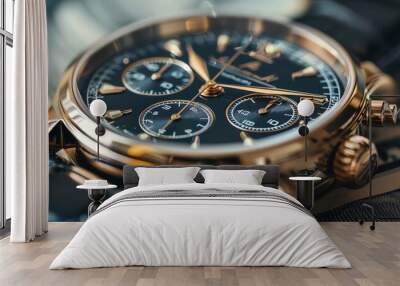 Luxury gold chronograph watch on dollar bills. Time is money concept. Wall mural