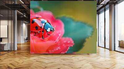 Macro shot of a ladybug on a red rose, with a natural green background. Wall mural