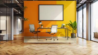 A modern, minimalist office space featuring a sleek desk with two chairs, vibrant orange and yellow walls, large windows for natural light, and potted plants adding a touch of greenery. Wall mural