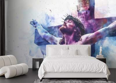 Artistic watercolor painting depicting the crucifixion, featuring Jesus Christ with a crown of thorns, arms outstretched on the cross, surrounded by splashes of blue and green tones. Wall mural