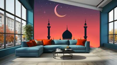 Ornate mosque silhouette with crescent moon and stars on a gradient sky background at sunset. Decorative borders in traditional Islamic art style. Ample copy space for event details. Wall mural