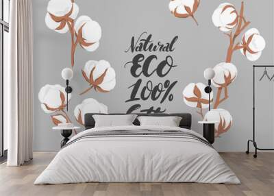 vector illustration. Hand drawn cotton flowers with lettering Wall mural