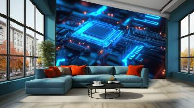 Circuit Board with Blue Glow Wall mural