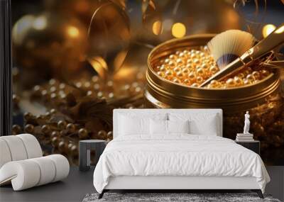 Golden Makeup Brush and Pearls Wall mural