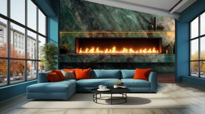 Modern fireplace with green marble and warm fire Wall mural