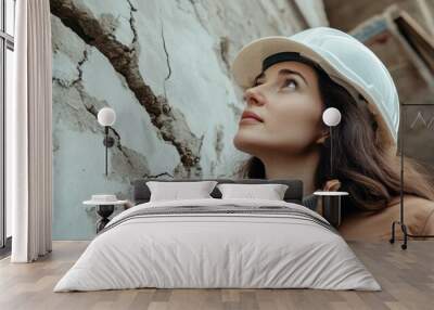 Woman Inspecting Damaged Wall Wall mural