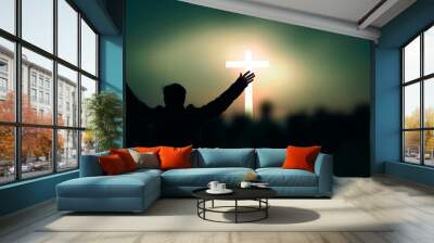  Concept of Jesus Christ: white cross on sunset sky background Wall mural