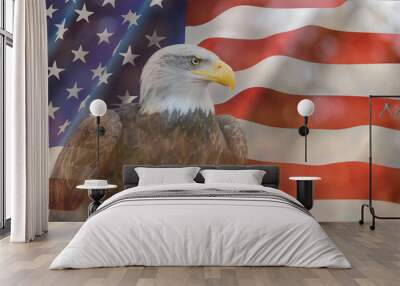 A bald eagle set against the United States of America flag, stars and stripes Wall mural