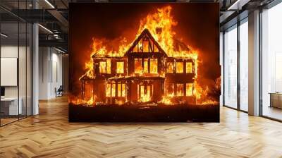 A burning house at night, flames bursting from every window and the roof, dramatic contrast of fire and darkness, perfect for insurance claims Wall mural