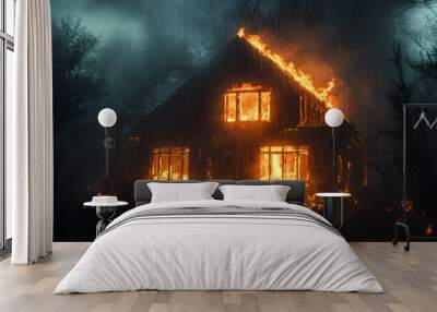 A burning house at night, rain pouring down in sheets, the contrast of fire and water creating dramatic smoke and steam, glowing embers in the dark Wall mural