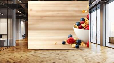 A cereal box with colorful fruit illustrations, on a wooden table, next to a bowl of cereal, digital painting style, isolated on white background Wall mural