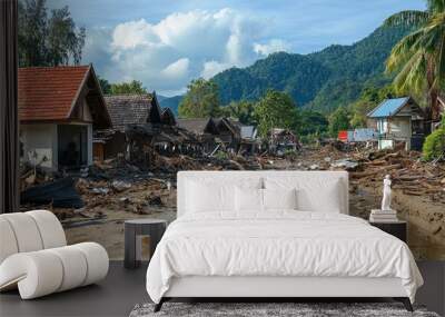 A devastated rural area, homes crushed by fallen trees after a natural disaster Wall mural