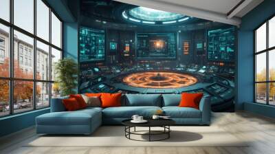 A futuristic circular command center, holographic panels floating around operators, vibrant neon lights illuminating high-tech screens, control systems at the core Wall mural