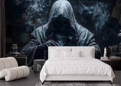 A ghostly figure in alchemist robes, wearing a spooky Halloween mask, creating magical potions, cinematic dark fantasy, isolated on white background Wall mural