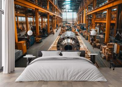 A logistics hub featuring a pallet loaded with heavy-duty machinery parts, ready for transport, with industrial tools and equipment in the background Wall mural