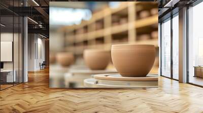 A modern pottery studio with a ring of pottery wheels, artists skillfully working on their clay pieces, surrounded by shelves of ceramic art and tools Wall mural