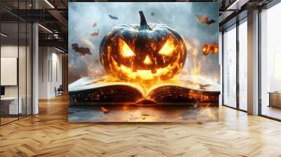 A mystical book of spells with Halloween party masks scattered around, detailed 3D rendering, magical glow effects, isolated on white background Wall mural