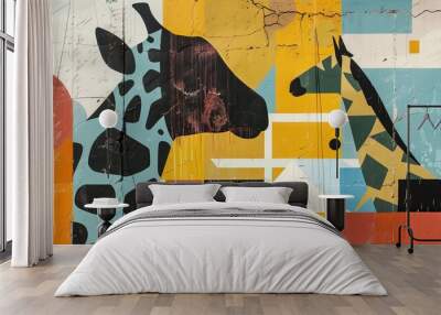 A playful juxtaposition of animal silhouettes and abstract geometry, perfect for artistic wall decoration Wall mural