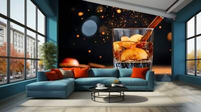 A refreshing scene with apple slices and cinnamon sticks in a glass of water, surrounded by cinnamon dust, minimalist style, high resolution, sharp focus. Wall mural