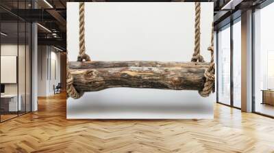 A rustic wooden swing with thick ropes, isolated on a white background, ideal for product advertisements with ample copy text space Wall mural