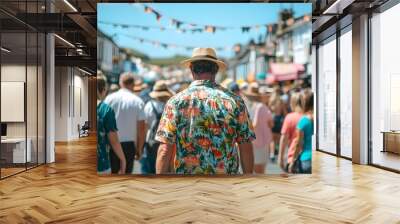 A seaside town during a seafood festival, people in shirts decorated with vibrant seafood motifs, celebrating the connection between community and cuisine Wall mural