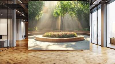 A serene open courtyard, circular flower bed in the center, surrounded by minimalist wooden benches, modern architecture backdrop, sunlight streaming in, soft shadows, Photorealistic Wall mural