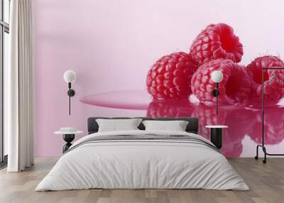 A set of raspberries on a reflective surface, with an elegant light gradient backdrop, creating a chic and modern feel Wall mural