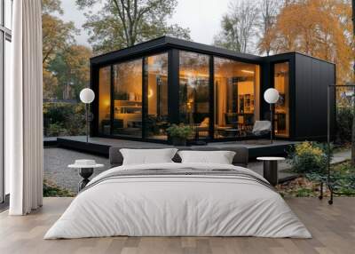 A simple cube house with large windows and a black steel exterior, surrounded by gravel paths Wall mural