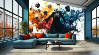 A skeletal sorcerer surrounded by levitating Halloween masks, enchanted atmosphere, fantasy art, dark yet colorful, isolated on white background Wall mural