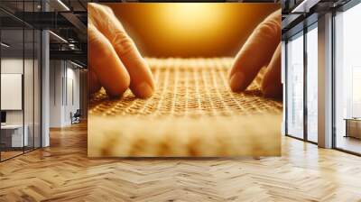 A weaver's hands meticulously shaping a basket, fibers tightening and loosening to create an intricate pattern, golden light enhancing the texture and craftsmanship Wall mural