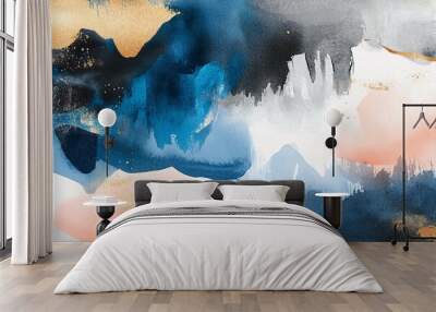 Abstract art background. Wallpaper design with brush and golden art. Blue, pink, black, orange watercolor illustration for prints, wall art, covers and invitation cards. Wall mural