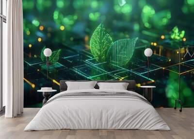 Abstract green shirt design with holographic leaf patterns, floating in a futuristic digital environment, glowing neon lines, 3D rendering, surreal. Wall mural