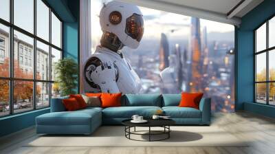 Advanced robotic maid wiping a glass window in a space-age home, with a skyline of futuristic towers and flying vehicles mirrored in the glass Wall mural