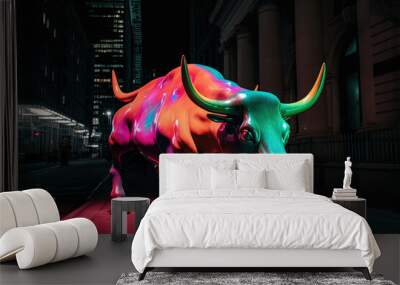 Angry bull on wall street, stock market, stocks, finance, forex, trading, cryptocurrencies, cryptocurrency, crypto. Generative AI Wall mural