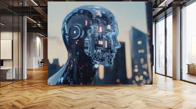 Artificial Intelligence Robot Head with Digital Brain in Modern City Generative AI Wall mural