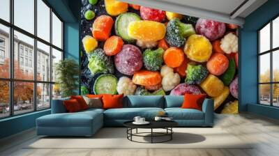 Assorted frozen veggies in vivid colors, captured from above, frost adding a cool, fresh atmosphere, perfect for food backgrounds Wall mural