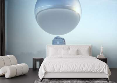 astronaut futuristic alien ufo giant silver metal sphere reflection science fiction landscape 3d ill Wall mural