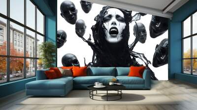 Banshee with a scream, surrounded by floating Halloween masks, dark fantasy style, high contrast, isolated on white background Wall mural