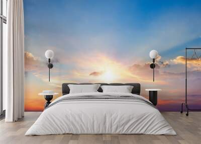 Beautiful sky background - Sunset Sunrise sky with light clouds and real sun Wall mural