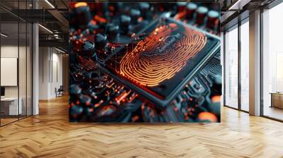 Biometric prints blending into a digitalized key on a graphical motherboard interface, cutting-edge technology, raw visual Wall mural