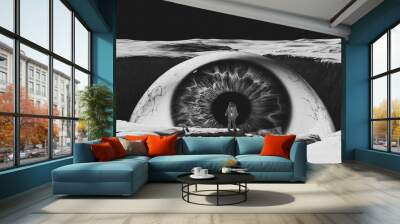 Black an White Moonscape with Giant Eyeball Astronaut Spaceman Spacewoman Interstellar Sci Fi Film Grain 3d illustration render Wall mural