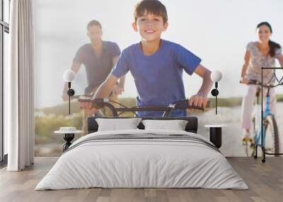 Family riding bicycles on sunny beach Wall mural