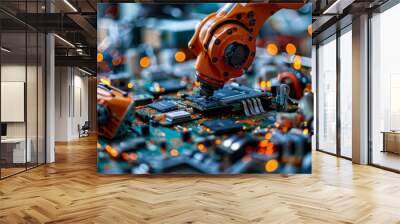 Brightly lit close-up of a robot worker dismantling e-waste at a recycling plant, emphasizing the concept of sorting and sustainability Wall mural