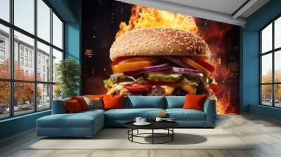 Burger in fire on a wooden table Wall mural