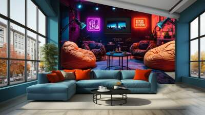 Casual podcast studio with cozy beanbag chairs, handheld microphones, and vibrant neon wall art, set in a fun and creative space. Soft lighting for a relaxed vibe Wall mural