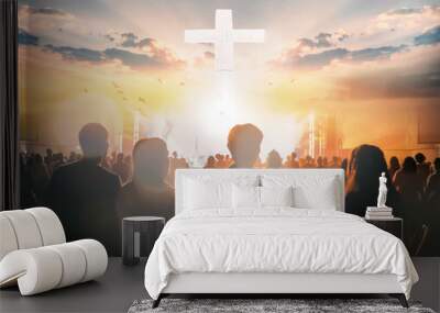 Christian Congregation hands Worship God together in front of wooden cross in cloudy sky Wall mural