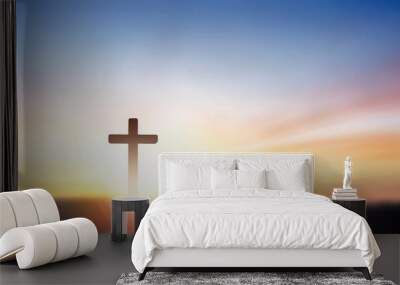 christian cross on hill outdoors at sunrise Wall mural