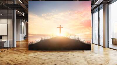 Christian cross on hill outdoors at sunrise Wall mural