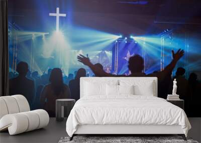 Christmas concept: Blurred Christian Congregation Worship God together in Church hall in front of music stage and light effected Wall mural